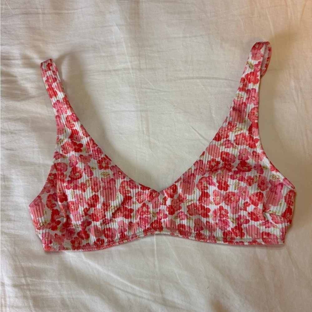 Hollister Swim Pink Red Floral Ribbed V-Neck Bikini Top Preppy Adjustable Straps